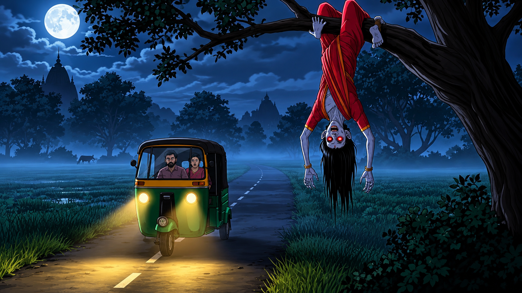 AI generated horror video scene with a ghost and auto rickshaw